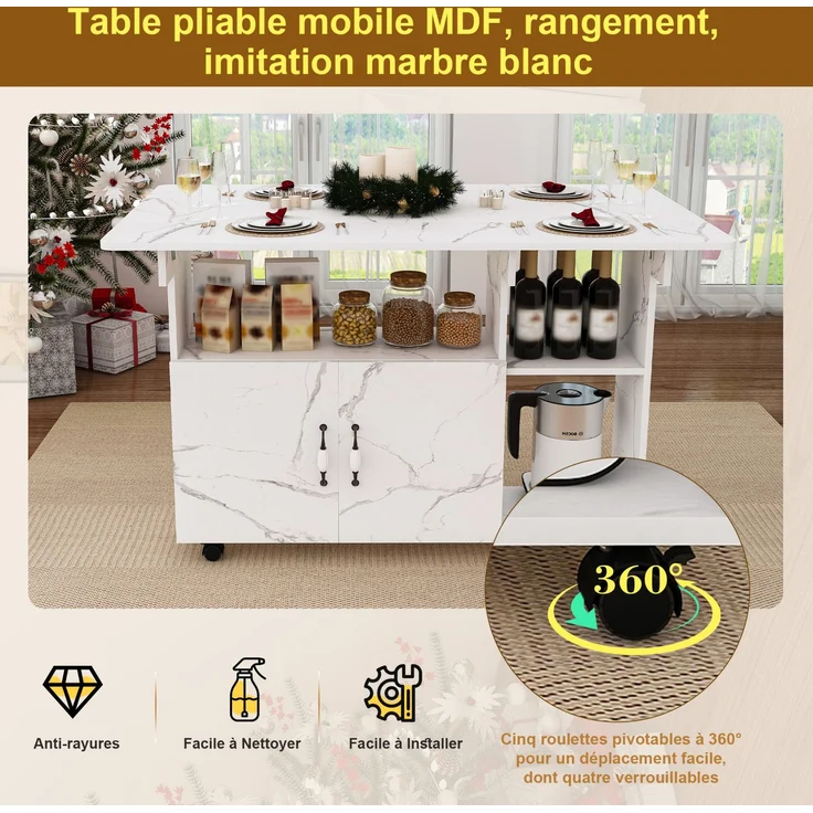 Klapptisch aus MDF, 3-in-1 mit Stauraum & Rollen, 110x70x80 cm, Weiß – Bild 8