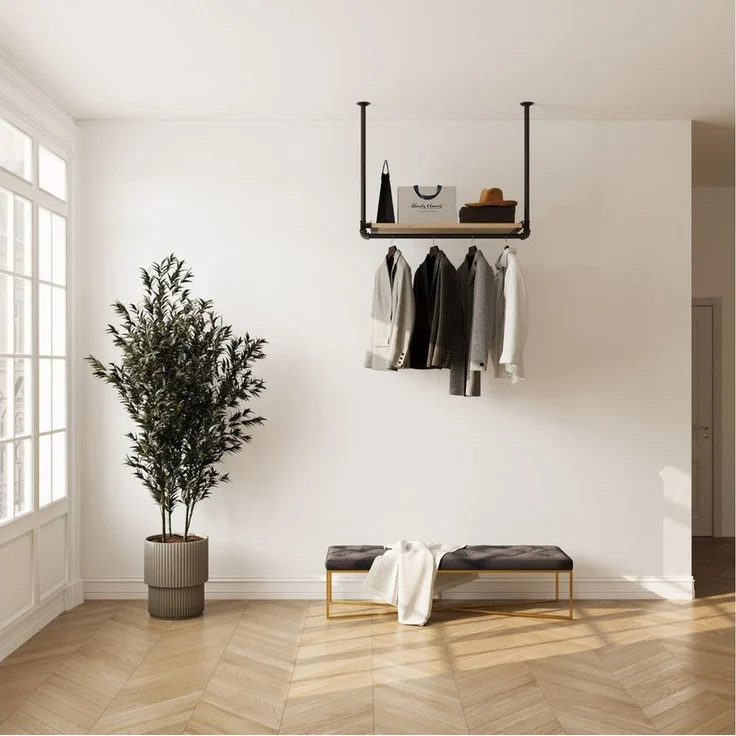 RSR Hangers Garderobenständer Kleiderstange Garderobe "MIK II" mit Kiefernholablage Deckenmontage – Bild 2