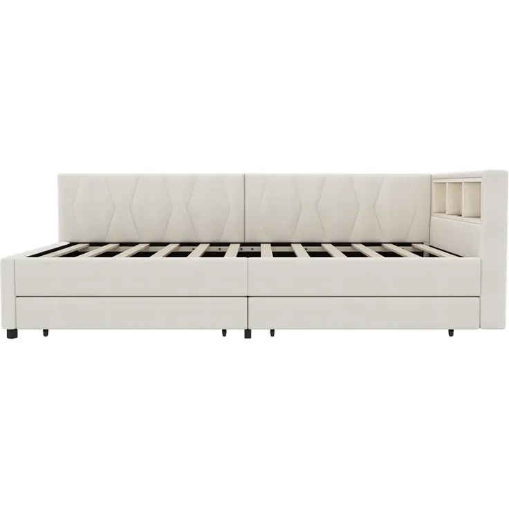 Schlafsofa mit LED-Beleuchtung, Lattenrost, Schubladen, USB/Typ-C Anschlüssen, 90x200cm, Polsterbett, Einzelbett, Leinen – Bild 10