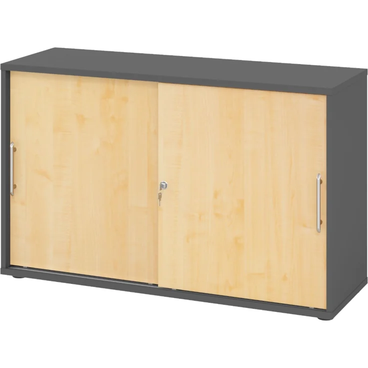 bümö Schiebetürenschrank 2OH - Aktenschrank abschließbar, Sideboard Schrank mit Schiebetüren in Graphit/Ahorn, Relinggriff - Büroschrank aus Holz mit Schiebetür, Büro Kommode für Ordner & Co, 1752S-G-3-RE – Bild 1