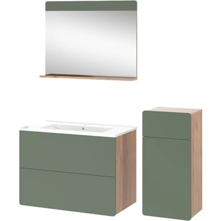 Vichy Badmöbelset Izan, 4-teiliges Badmöbel-Set in Goldkraft Eiche und Grün mit Midischrank – Bild 1