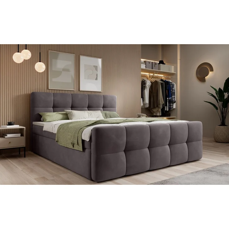 thematys Boxbett mit Bettkasten 140x200cm, mit Bonnellfederkernmatratze H3, Bouclé/Velours, mit Stauraum, mit 3 cm Topper, Grau (Velluto 16), Art.-Nr. S04GH0RGLUB – Bild 1