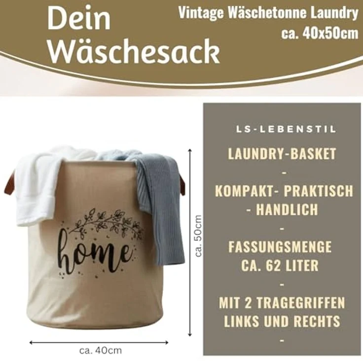 LS-LebenStil Wäschekorb Vintage Wäschesack Home 62L Faltbar Wäschesammler Wäschetruhe (Faltbar - Wäschebox Wäschesammler Wäschesortierer Aufbewahrungsbox mit Griffen für Kleidung, Handtücher, Spielzeug) – Bild 2