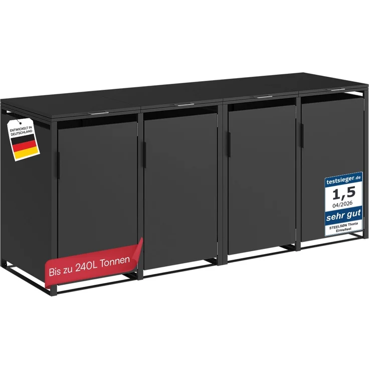 STEELSØN 'Thoria' Mülltonnenbox 4er je 240 Liter, graphitschwarz, Mülltonnenverkleidung aus Stahl, wetterfest, 116x80x268 cm, Müllbox für 4 Tonnen – Bild 1