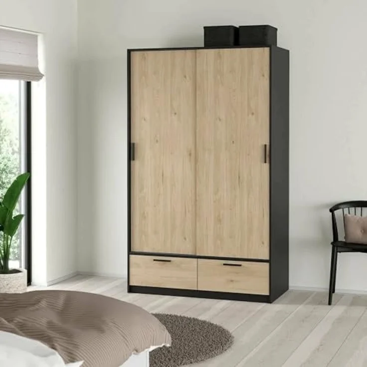 Dmora - Kleiderschrank 2 Türen Leonore, Schlafzimmermöbel, Schrank, Garderobe, 121x60 h200 cm, Schwarz und Eiche – Bild 1