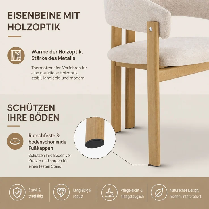 2 Esszimmerstühle aus Metall in Holzoptik, bequem und atmungsaktiv, geeignet für Esszimmer, Wohnzimmer, Cafés, moderner Stil, Leinenstoff, Naturholzfarbe--Holz--61.5x52.5x83cm--YOUDENOVA – Bild 7