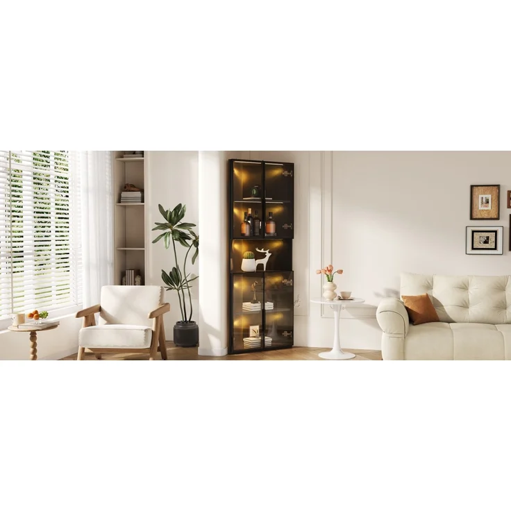 ZUBALIYA Dreieckige Vitrine 62x32x160cm – Schwarzer Eckschrank mit Glasfront, LED-Beleuchtung, Offener Mittelbereich – Display-Schrank für Sammlerstücke, Gläser & Dekoration – Bild 16