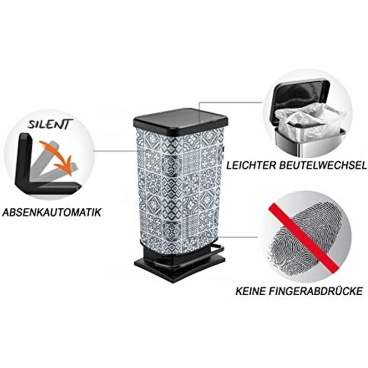 Rotho Paso Abfalleimer 40 l mit Deckel, Kunststoff (PP), Tiles, 40 Liter (35, 3 x 29,5 x 67, 6 cm) – Bild 3