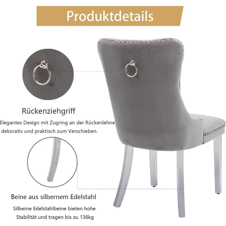 Esszimmerstühle Polsterstühle Grau (Silbernen Edelstahlbeine) 2er-Set – Bild 6