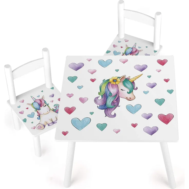 Wei▀ Holz Kindertisch und 2 St³hle - Einhorn - Kindersitzgruppe f³r Kinder