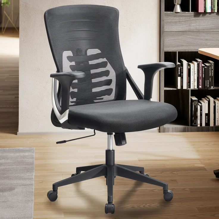 FineBuy Bürostuhl Mesh-Bezug Schreibtischstuhl bis 120 kg, Drehstuhl höhenverstellbar mit Lendenwirbelstütze, Stoff-Schreibtischsessel ergonomisch mit Armlehnen & Wippfunktion – Bild 1