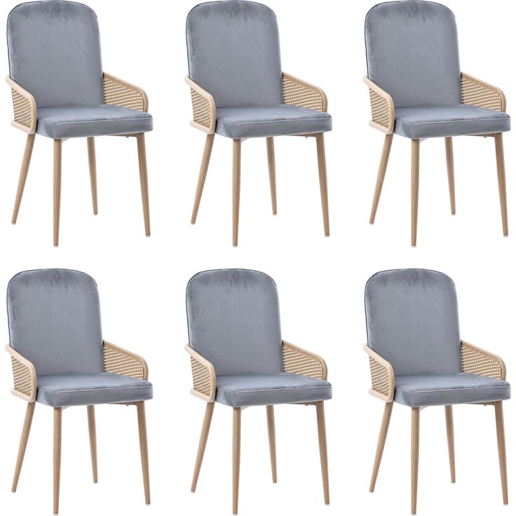Merax Esszimmerstuhl aus Samt, 6er-Set, Rattan-Design, Wohnzimmer, Schlafzimmer, Mit vier Metallbeinen (Holzmaserungseffekt), Grau