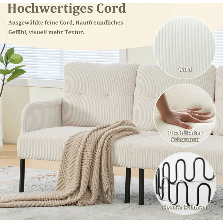 DESVIAE Sofa Dreisitzer mit Seitentasche 171x80x72 cm aus Cord Beige – Bild 4