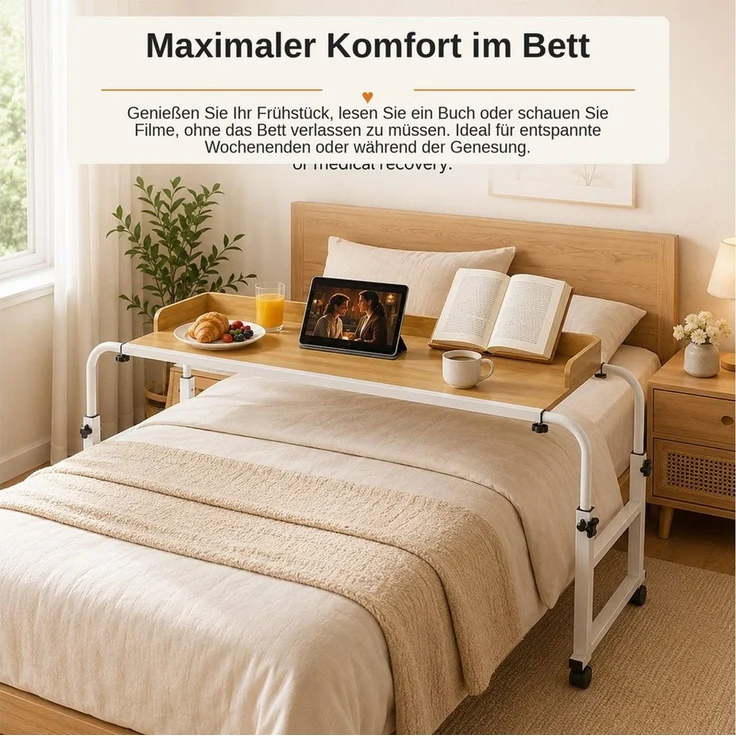 BlingBin Wangentisch Überbetttisch mobiler Betttisch Beistelltisch Laptoptisch mit 4 Rollen (1er Set, 1-St, 120-210 x 45 x 65-95 cm (L x B x H), Höhenverstellbar 65-95CM/Breitenverstellbar 120-210CM für Den Zuhause – Bild 2