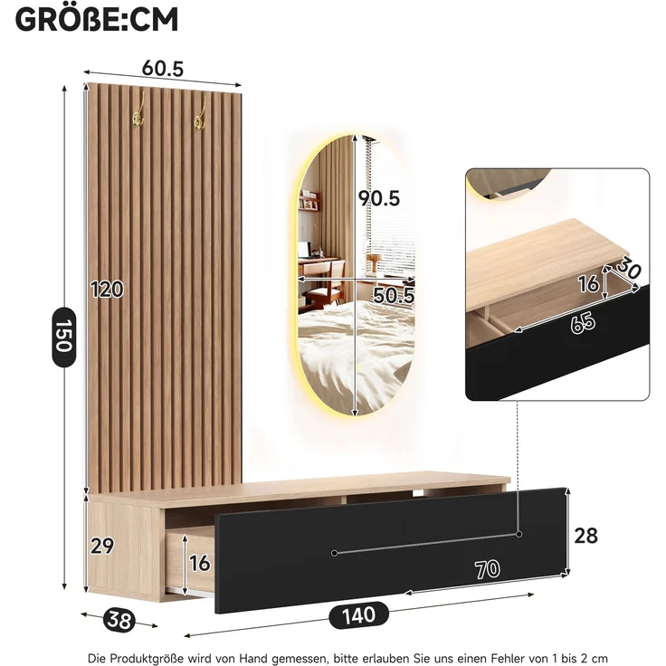 Flurgarderobe 140x38x150 cm mit LED-Spiegel, 2 Schubladen und Haken – Bild 4