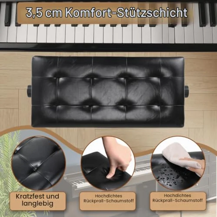 Clevich Klavierhocker Höhenverstellbar 48-58CM, Pianobank mit Stauraum 73× 34× 48cm, Klavierbank mit PU Lederkissen, Klavierstuhl Heavy Duty, Tastatur Piano Bench bis 200KG Belastbar, Schwarz – Bild 8