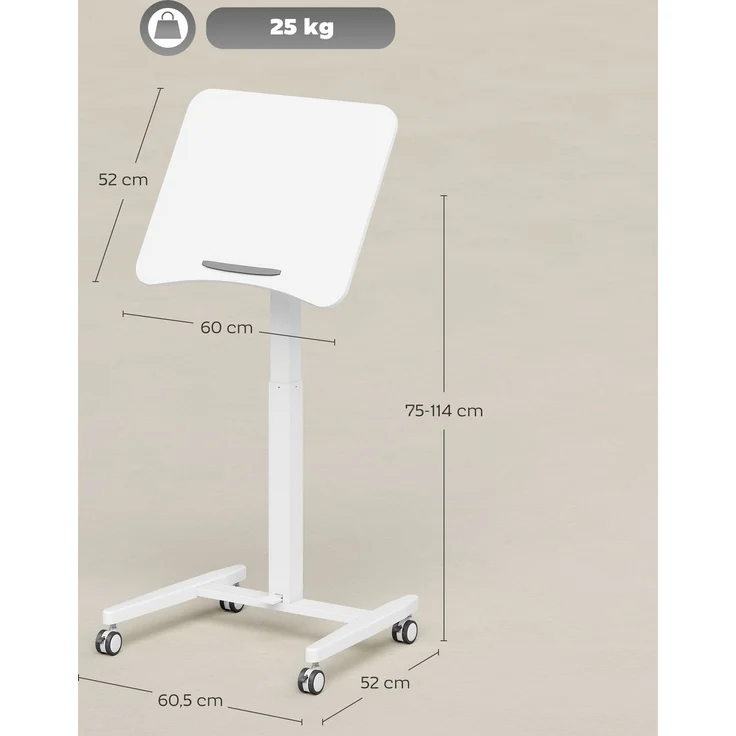 MELAYR, Höhenverstellbarer Stehschreibtisch, Rollbarer Schreibtisch mit neigbarer Tischplatte, 60.5 x 52 x 114 cm, Weiß – Bild 5