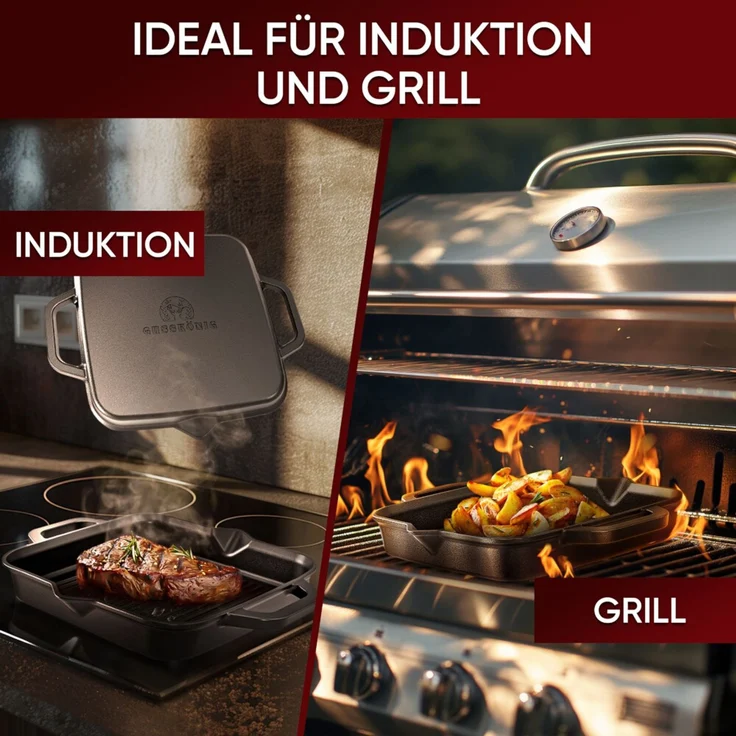 Grill-Feuerpfanne 30 cm aus Gusseisen mit 2 Henkeln – vorgebrannt, hitzebeständig bis 300 °C, für Induktion & Grill inkl. Ringreiniger – Bild 4