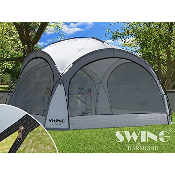 Swing & Harmonie LED Event Pavillon DomeShelter 3,6 x 3,6m mit Solarmodul, 96 LED-Beleuchtung, inkl. 4 Moskito-Netz- und 2 blickdichten Seitenwänden, rot – Bild 5