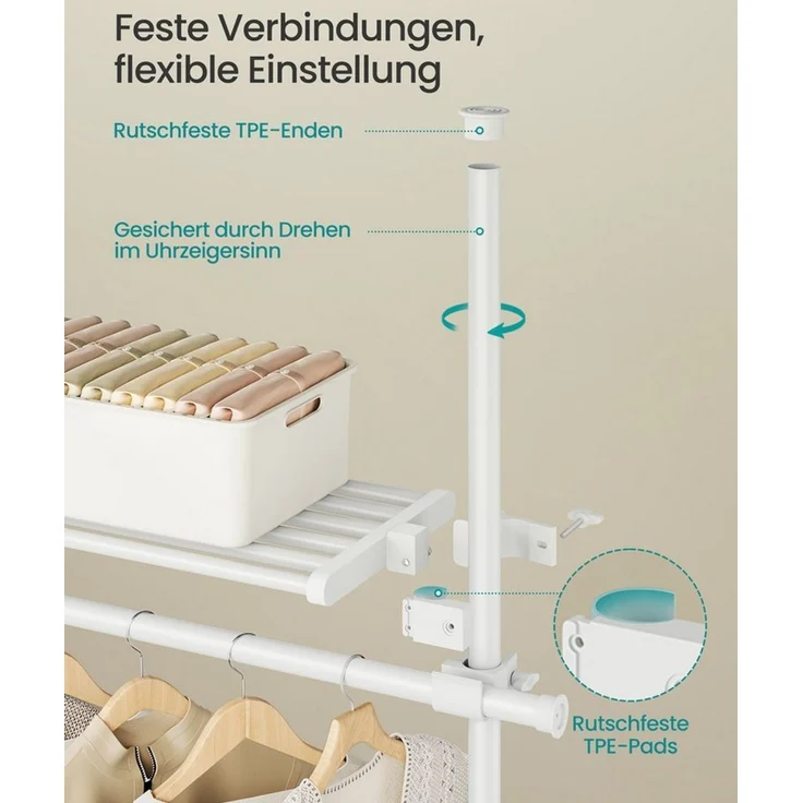 Songmics deckenhocher Kleiderständer, höhen- und breitenverstellbar, mit abnehmbaren Ablagen, Stahl / Kunststoff mattweiß, 33,5 x (84-123) x (208-310) cm – Bild 3