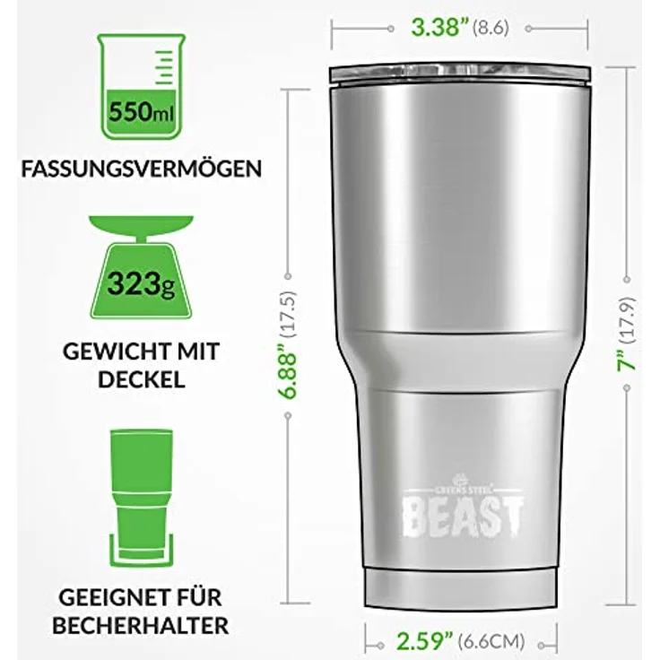 BEAST Edelstahl Becher Vakuumisolierte Tasse Kaffeebecher Doppelwandige Reiseflasche Thermobecher mit Spritzfestem Deckel, Paket mit 2 Strohhalmen, Rohrbürste & Geschenkbox (20oz, Schwarz) – Bild 6