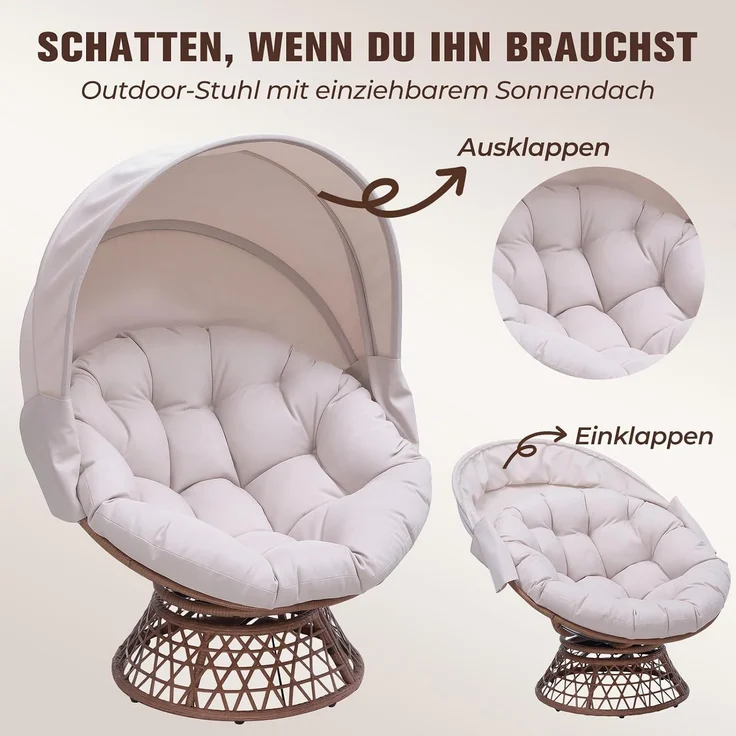COMHOMA Papasansessel, gemütlicher Drehsessel mit Kissen rund, bequemer Rattansessel, Loungesessel drehbar, runder Relax Korbsessel Rattan für Wohnzimmer, Leseecke, Lounge - BEIGE – Bild 9