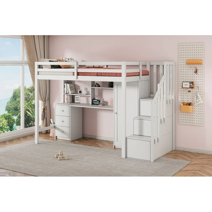 Merax Hochbett Etagenbett 90*200cm Kinderbett mit Schreibtisch und Kleiderschrank, Treppe, multifunktionales Kinderetagenbett, ausgestattet mit Schubladen und Treppenschrank, weiß – Bild 6