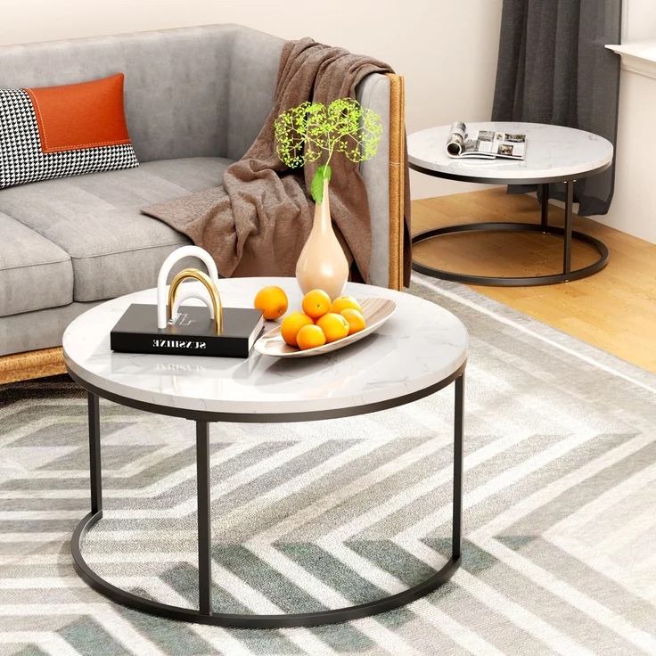 2er-Set Couchtisch aus MDF mit Marmordesign & Metallrahmen, nestbar, 70x70x45 cm + 45x45x37 cm – Bild 3