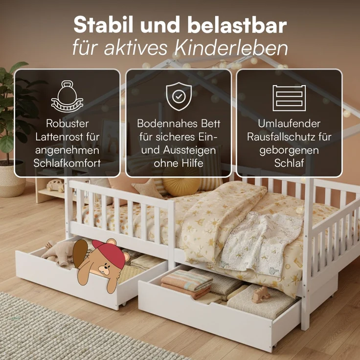 Bellabino 'Bia' Hausbett 120x200 cm mit 2 Schubladen, weiß, Kiefer Massivholz, Montessori Kinderbett mit Stauraum, inkl. Rausfallschutz und Lattenrost – Bild 3