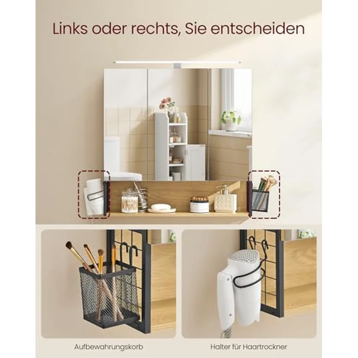 VASAGLE Badezimmerschrank mit LED-Beleuchtung, 14,5 x 70 x 70 cm, Stecker, Hängekorb, Haartrockner-Halter, Spiegelschrank, Badschrank, Wandschrank, für Badezimmer, natureichenfarben BBK124Y01 – Bild 7