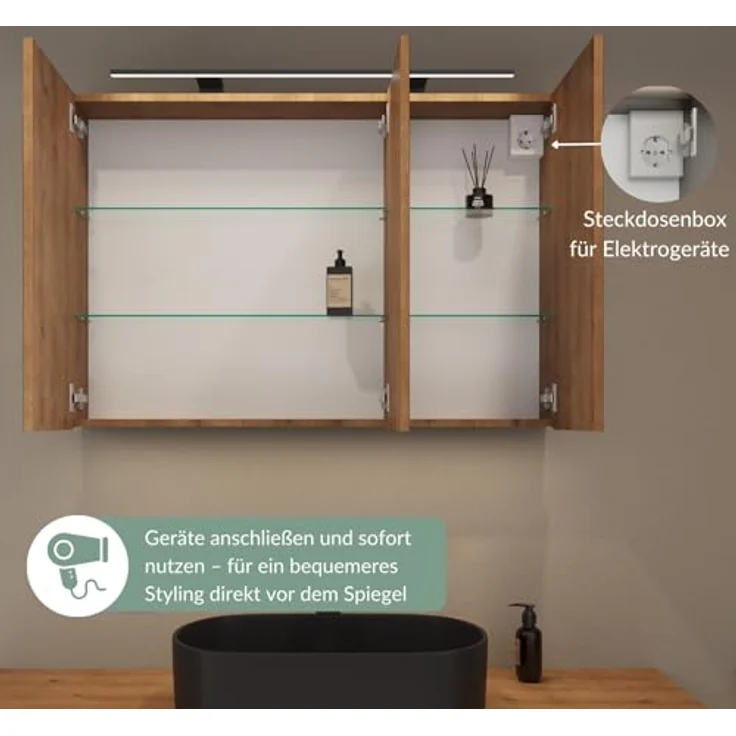 Planetmöbel ARIA Spiegelschrank Bad mit Beleuchtung 100 cm breit | Badschrank hängend mit Spiegel | Gold Eiche, mit Leuchte und Steckdose, Spiegelschrank Gäste WC 100 x 70 x 16 cm – Bild 7