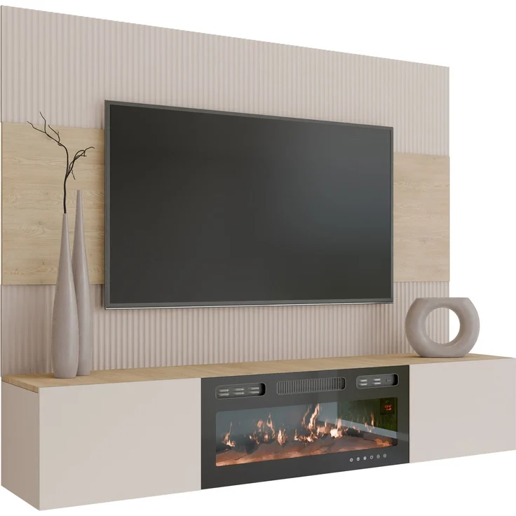 Wohnwand Deromi III mit Kamin (Farbe: Sandbeige + Nuss Cremona) – Bild 2