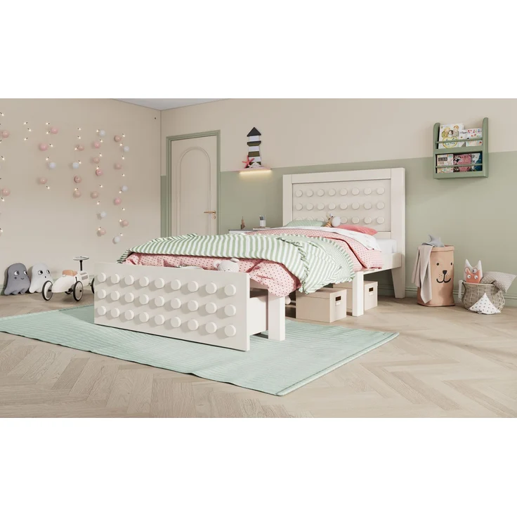 Holzbett 90x200 cm mit Lattenrost & Schublade, 95x210x90 cm, Weiß, ohne Matratze – Bild 3