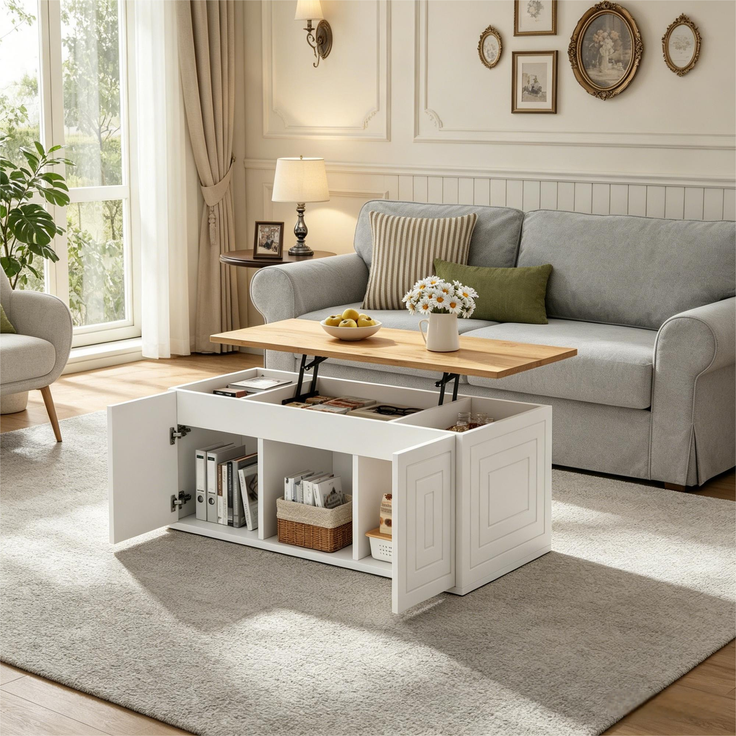 Couchtisch 46 x 95 x 45 cm, mit Höhenverstellung, in Holzoptik, Konstruktion aus Spanplatte, Weiß / Naturfarben – Bild 3