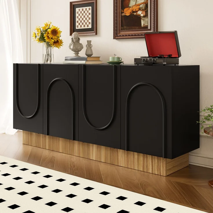 ZUBALIYA Sideboard 160x38x75 cm, mit 4 Türen, aus Spanplatte, Schwarz / Holzfarben – Bild 7