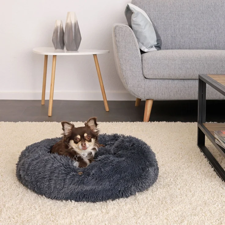 lionto Donut Hundebett, rundes Hundesofa mit Plüschbezug & Anti-Rutsch-Noppen, weich & gemütlich, 50 cm Durchmesser, dunkelgrau – Bild 2
