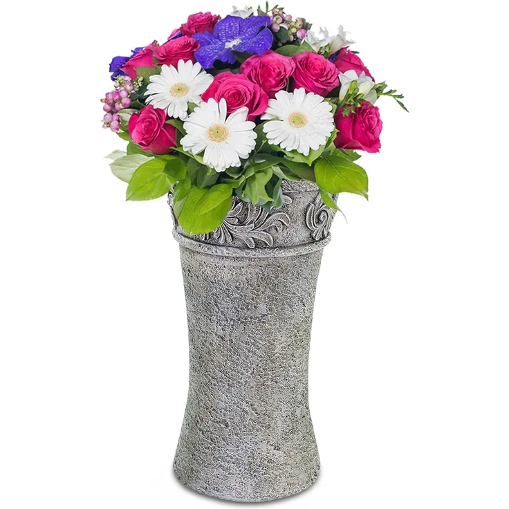 matches21 HOME & HOBBY Dekovase Verzierte Grabvase zum Hinstellen grau Ø 12 x 22 cm wetterfeste (1 St), Hohe Kunststein Friedhofsvase als Grabschmuck Blumen-Vase