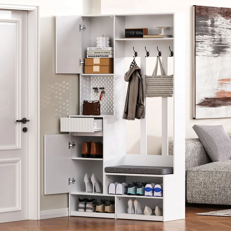 Garderobenset, Komplett-Set Flurgarderobe mit Sitzbank, 4 Haken, Türen & Schubladen - Weiß, Kompaktmaße 100×180×35 cm (B×H×T) – Bild 5