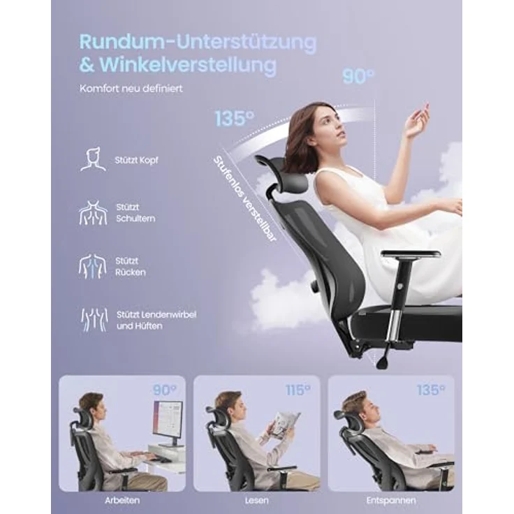 SONGMICS Bürostuhl ergonomisch, Schreibtischstuhl, Gaming-Stuhl, verstellbare Lenden-, Kopfstütze, Armlehnen, für Verschiedene Körpergröße, bis zu 150 kg belastbar, tintenschwarz OBN067BH01 – Bild 8