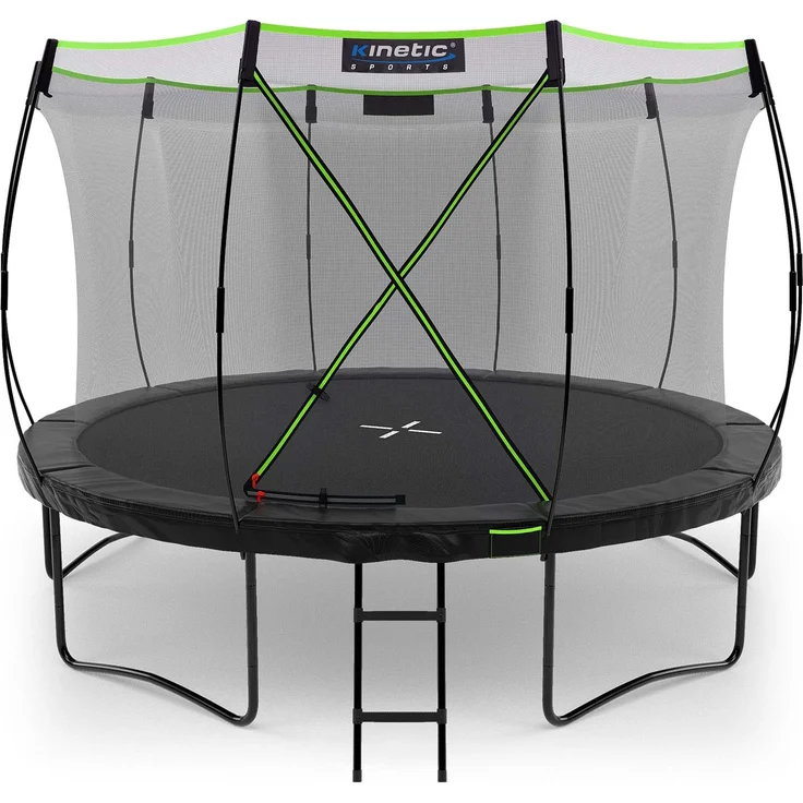 KINETIC SPORTS 'Ultimate Pro' Premium Outdoor Trampolin, für Kinder und Erwachsene, AirMAXX Sprungtuch, mit Leiter, Fieberglas, bis zu 160 kg, Schwarz-Neongrün, Ø 366 cm – Bild 1