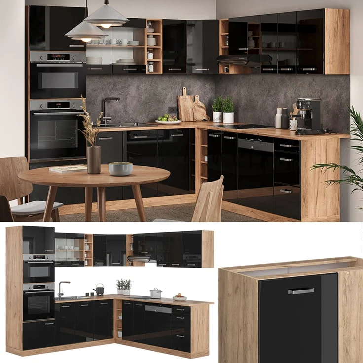 Eckküche R-Line Schwarz Hochglanz/Goldkraft Eiche 247 x 237 cm ohne Arbeitsplatte Vicco – Bild 2