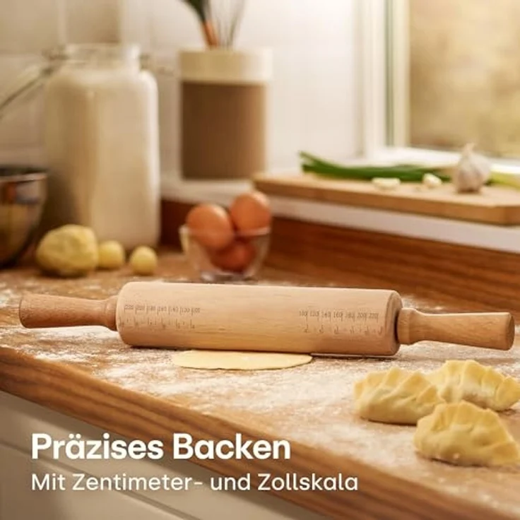 Praknu Nudelholz Nudelholz - Teigroller aus FSC® Buchenholz - Mit Maßeinteilung Buchenholz, (1-tlg), Teigroller aus nachhaltigem FSC Holz, Für gleichmäßiges Ausrollen – Bild 3