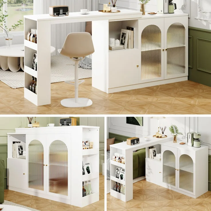 ZUBALIYA Drehbarer Bartisch 120 x 40 cm, mit Stauraum, mit Glastüren, MDF, Weiß – Bild 5