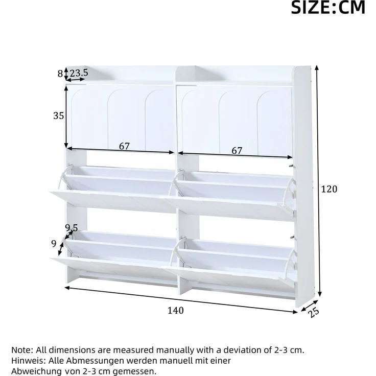Schuhschrank 140 x 25 x 120 cm aus MDF, weiß, mit 6 Klapptüren und Schublade – Bild 5