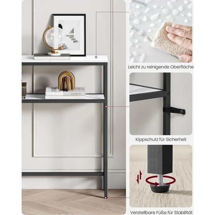 VASAGLE Konsolentisch, schmaler Sofatisch mit 2 Ablagen, 20 x 100 x 80 cm, Flurtisch, 2 Ebenen, für Flur, Wohnzimmer, Schlafzimmer, marmorweiß-tintenschwarz LNT131W59 – Bild 6