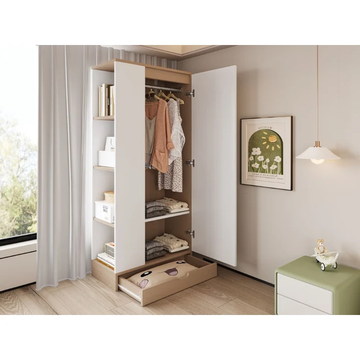 Merax Kleiderschrank 70*40*170cm, Eintürige Ausführung, mit Einlegeböden und Schubladen, Naturholzfarbe + Weiß – Bild 6