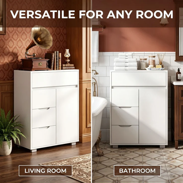 Halupeit Weißer Badezimmer-/Wohnzimmerschrank mit drei verstellbaren Einlegeböden, vier Schubladen und einer Tür, 30,5 x 55,5 x 82,5 cm – Bild 3