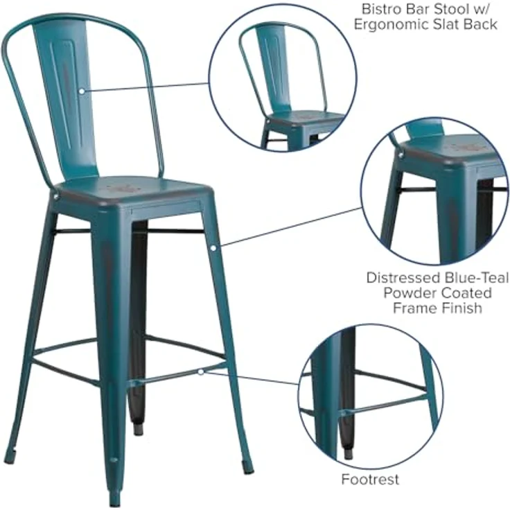 Flash Furniture Blake Barhocker mit Rückenlehne, kommerzielle Qualität, 76,2 cm hoch, Used-Look, Blaugrün, Metall, für drinnen und draußen, 4 Stück – Bild 8