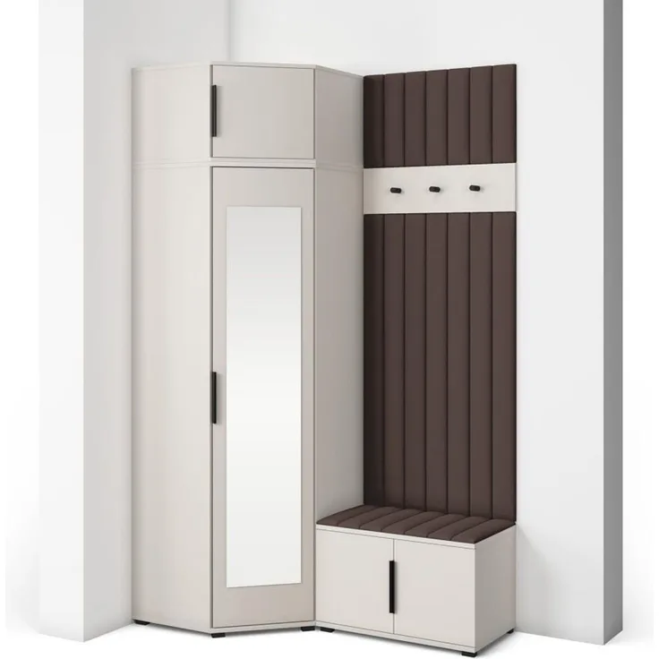Garderoben-Set Napoli Version 22: Eckschrank mit Polsterpaneelen, Schuhschrank Flur und Eingangsbereich (Cashmere/Trinity 08), 229 x 70 x 140 cm