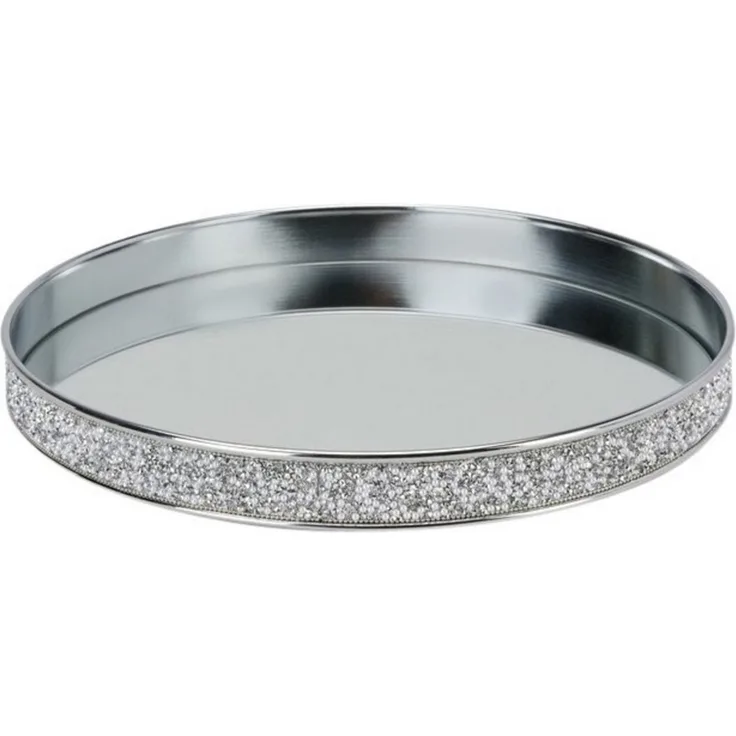 Online-Fuchs Dekotablett - Spiegeltablett aus Metall in Silber, Türkis mit Fuß - rund (Dekoschale, zur Präsentation von Vasen, Kerzen, Schmuck etc), mit türkisen Glitzerperlen und Glassteinen bestückt